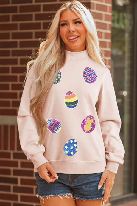 Apricot Pink Artistic Easter Eggs Sequin Patch Graphic Mock Neck Sweatshirt LC25321397-P2010