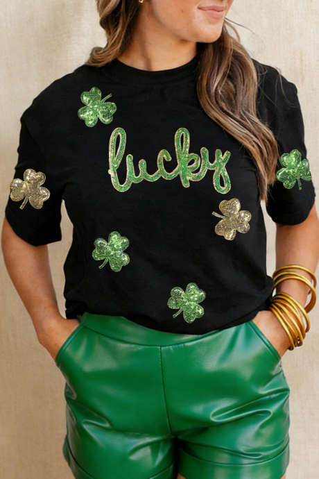 Črna majica z bleščicami in irskim prazničnim grafičnim vzorcem Lucky Sequin Shamrock
