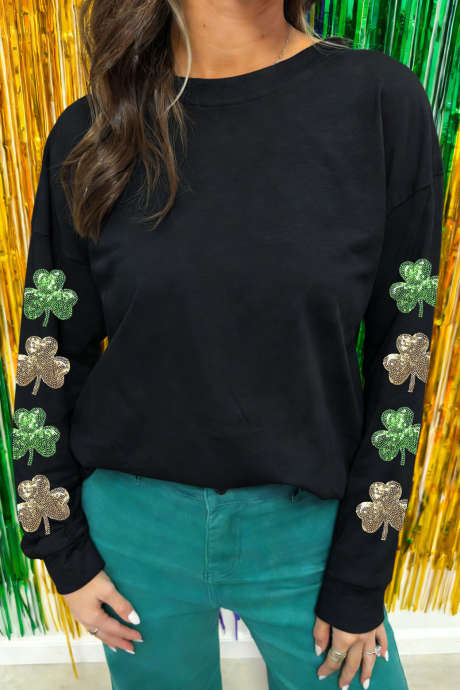 Černé flitrované tričko s dlouhým rukávem a nášivkou Shamrock