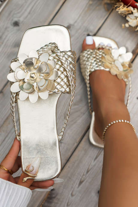 White PU Leather Flower Woven Slippers BH024274-P101