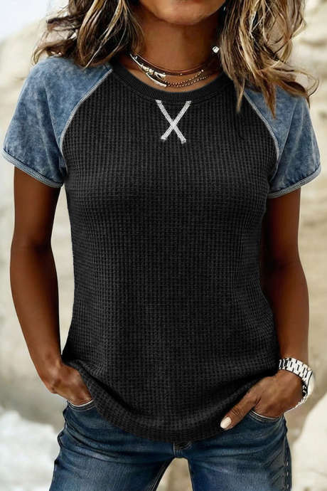 Carbon Grey Textured Knit Seam Detail Color Block Patchwork Short Sleeve Top