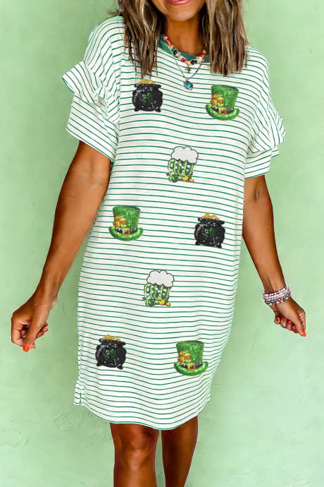 Zelena črtasta obleka s bleščicami in našitimi elementi za dan svetega Patrika