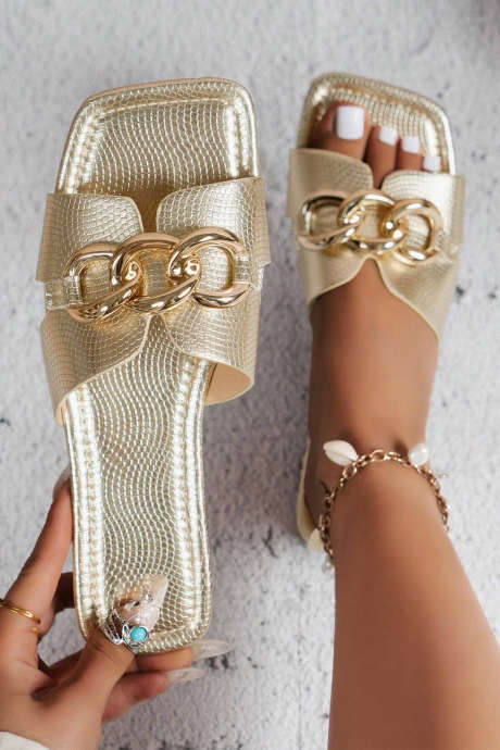 Pantoufles plates en cuir végétalien texturé façon alligator doré BH024180-P12