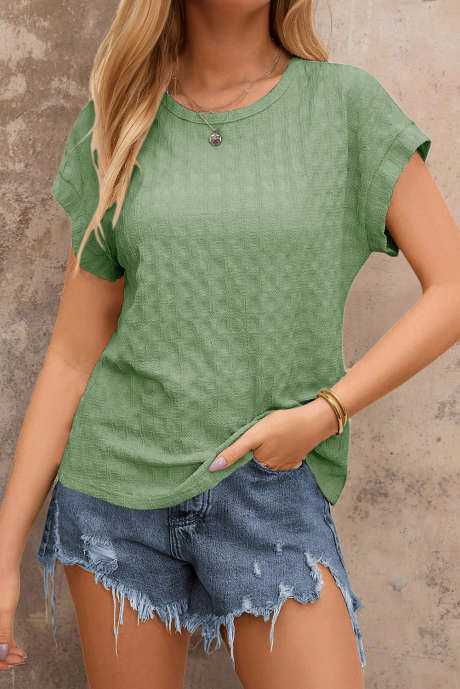 Grass Green Solid Color Textured Batwing Sleeve Tee LC25126444-P1109