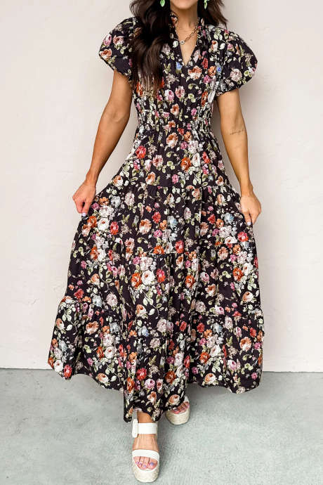 Black Floral Print V Neck Pleated Tiered Maxi Dress LC6128015-P220