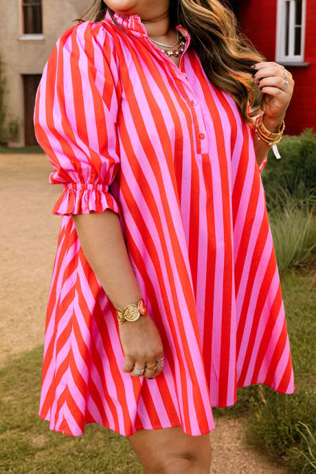 Ruusuraita /entro-pinkki-puff-hihainen-raidallinen-minimekko