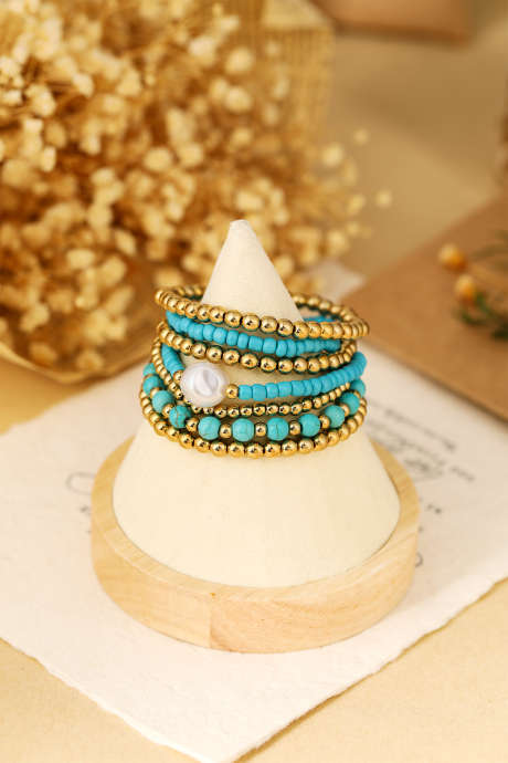 Gold 7pcs Turquoise Mix Beading Baroque Pearl Bracelet Set