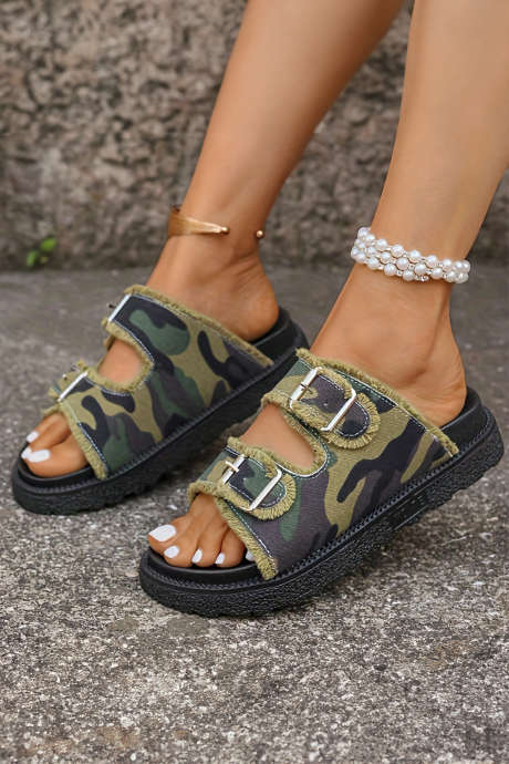 Guacamole Green Denim Camouflage Frayed Trim Hollow Out Retro Slippers BH024273-P1409