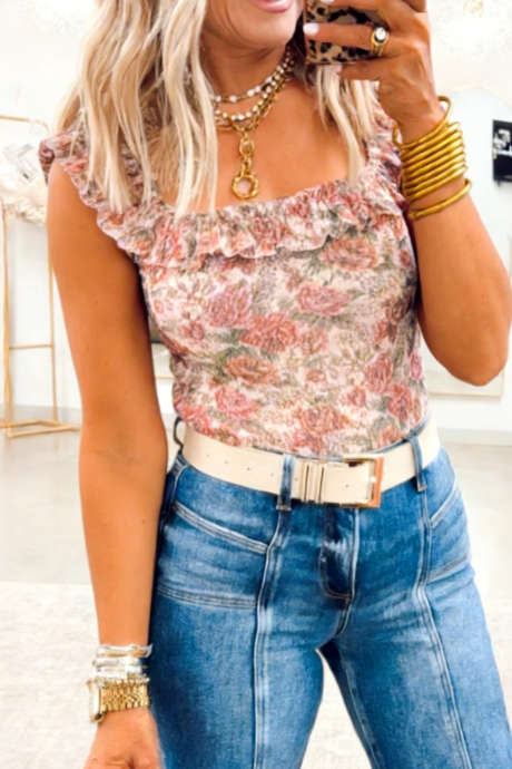 Flerfarget retro-tanktopp med blomstermønster og firkantet hals