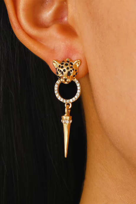 Gold Leopard Head Crystal Spike Drop Earrings
