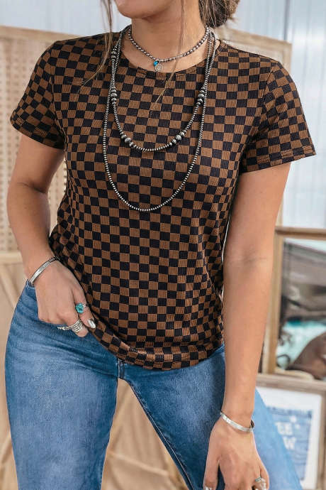 Črna poletna majica s karirastim vzorcem in okroglim izrezom
