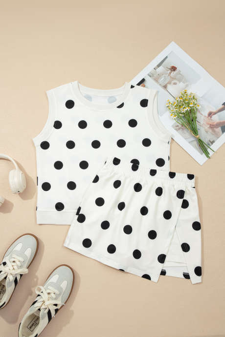 White Ribbed Trim Polka Dot Print Tank Split Mini Skort 2pcs Set