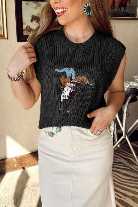 سترة سوداء مطرزة بتطريز رعاة البقر الغربي، برقبة دائرية وبدون أكمام