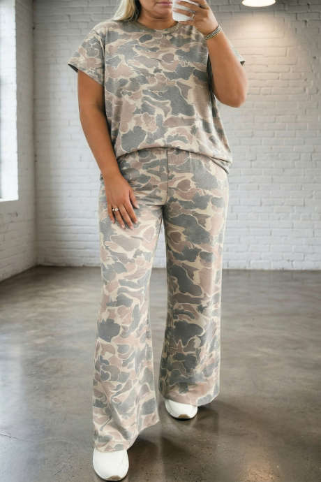 Multikleurige retro camouflageprint, plus size, 2-delige outfit