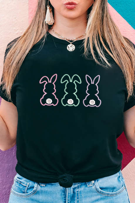 Črna vezena majica z velikonočnim zajčkom in grafičnim potiskom LC25231487-2