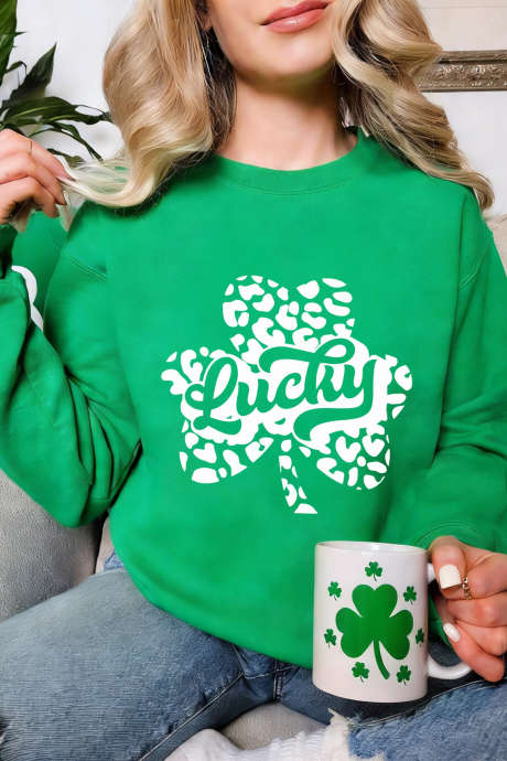 Dark Green Lucky Leopard Clover Dropped Shoulder Sweatshirt LC25321412-P209