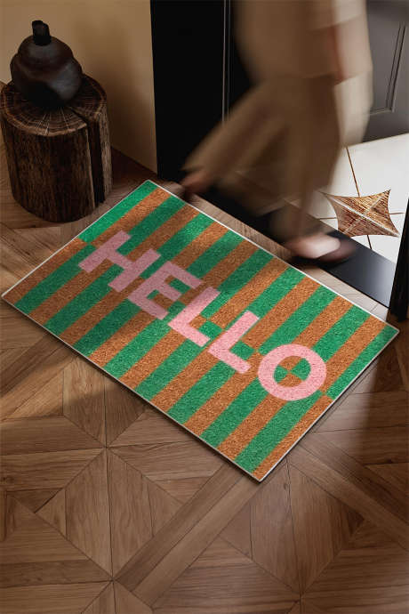 Bright Green Striped Printed HELLO Crystal Velvet Doormat BH052068-P109