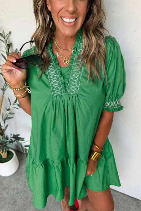 Bright Green Embroidered Smocked Detail V Neck Short Puff Sleeve Mini Dress