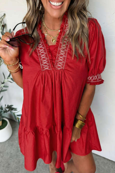 Fiery Red Embroidered Smocked Detail V Neck Short Puff Sleeve Mini Dress
