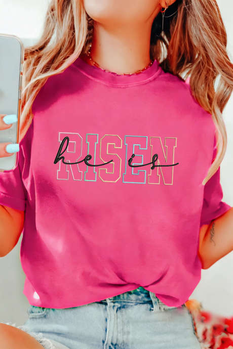 Rose Red He Is Risen Embroidered Slogan Tee LC25231489-P6