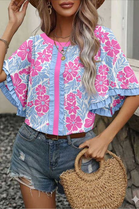 Bluza s pol rokavi in ​​cvetličnim potiskom z naborki in barvnimi bloki