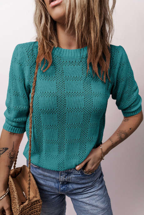 Skobeloff Plaid Pattern Crochet Knit Short Sleeve Sweater