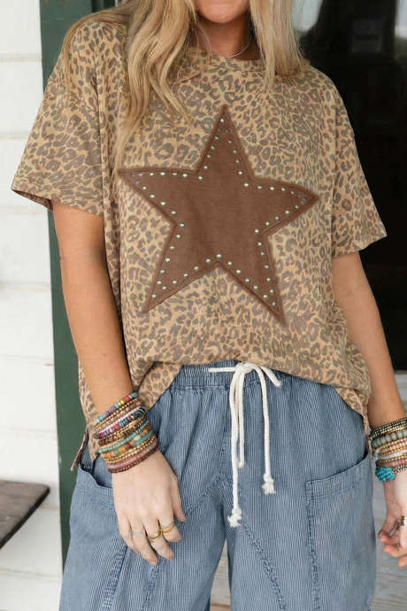 T-shirt ample kaki léopard rétro à écusson étoile clouté