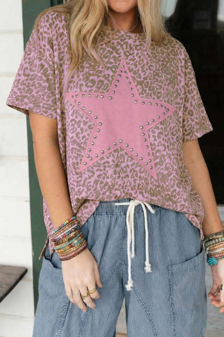 Roza leopardja retro čepkasta majica z zvezdnatimi našitki