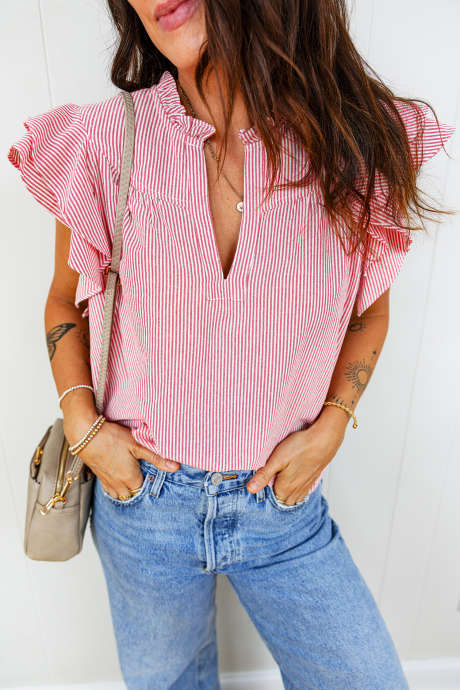 Red Stripe Frilly Split Neck Double Ruffled Short Sleeve Blouse