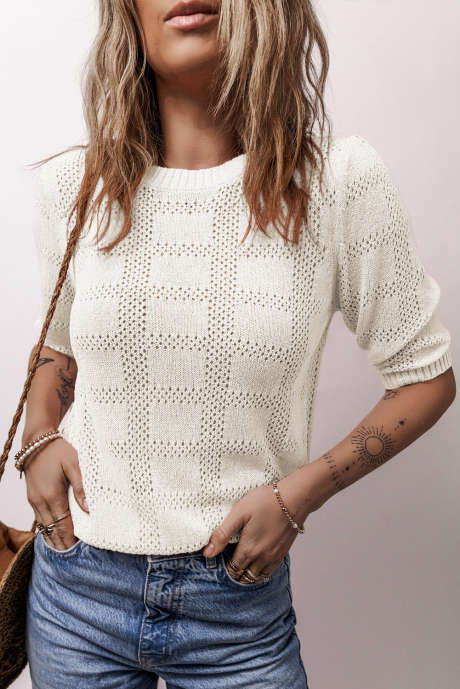 White Plaid Pattern Crochet Knit Short Sleeve Sweater