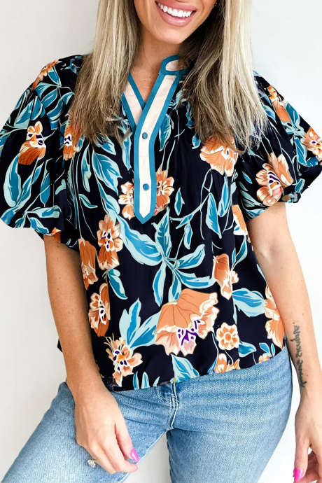 Chemisier noir à fleurs, manches courtes bouffantes, col cranté boutonné LC25136009-P220