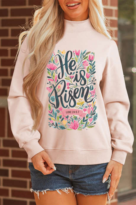 Sweat-shirt à col montant rose abricot «&nbsp;Il est ressuscité&nbsp;» à motif floral chrétien pour Pâques LC25321434-P2010