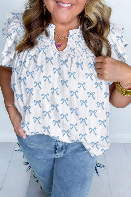 Nebesno moder nabran top s kratkimi rokavi in ​​pentljo za večje velikosti