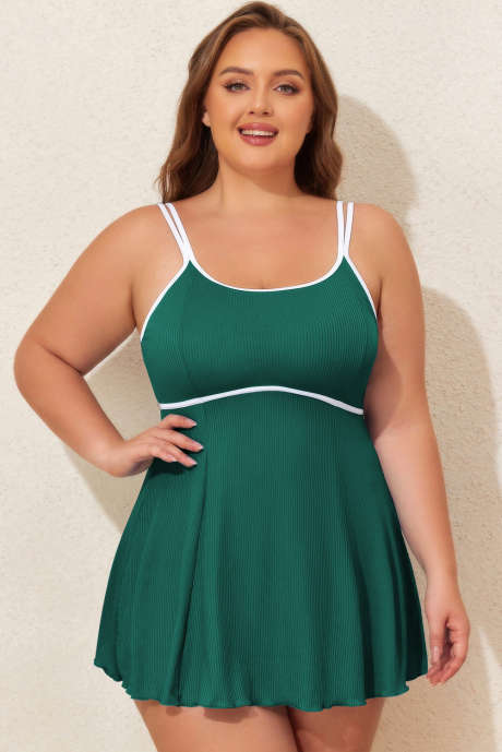 Skobeloff Plus Size Ribbed Contrast Trim Adjustable Straps 2pcs Swimsuit PL41018-P1809