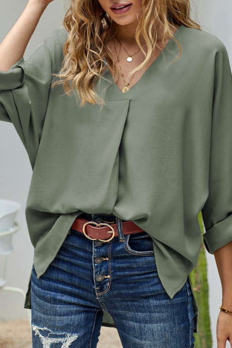 Green V Neck 3/4 Sleeve High Low Hem Shirt LC2511106-209