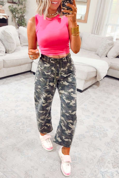 Multicolour Camouflage Printed Grommet Lace-up Barrel Jeans