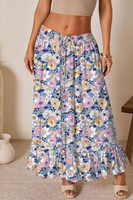 Pink Floral Print Lace-up High Waist Ruffle Hem Maxi Skirt LC7211399-P1020