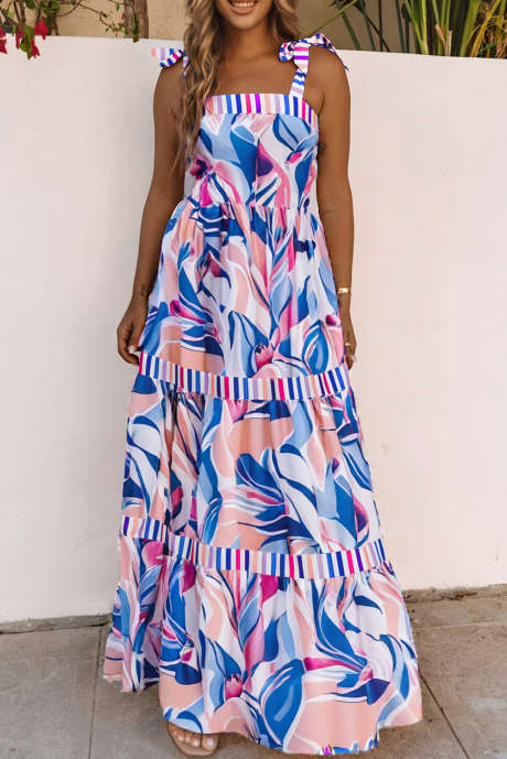 Hemelsblauwe maxi-jurk met abstracte print, strepen en knoopdetails, en bandjes LC6115583-4