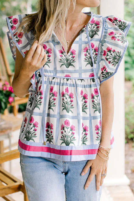 Pink Floral Flutter Sleeve Split V Neck Top LC25136709-P1020