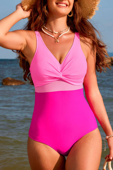 Sachet Roze V-hals Gedraaide Uitsnijding Kleurblokken Badpak LC444478-P406