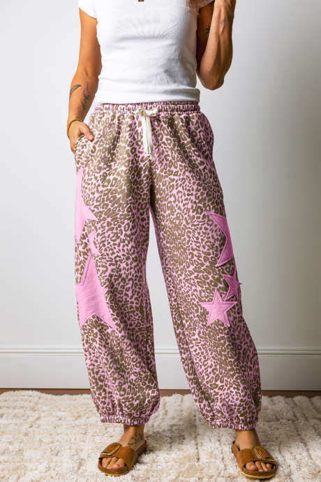 Pink Leopard Print Star Patched Drawstring Elastic Waist Jogger Pants