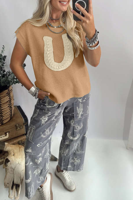 كنزة صوفية قصيرة الأكمام بنمط حدوة حصان كروشيه بلون بيج فرنسي فاتح