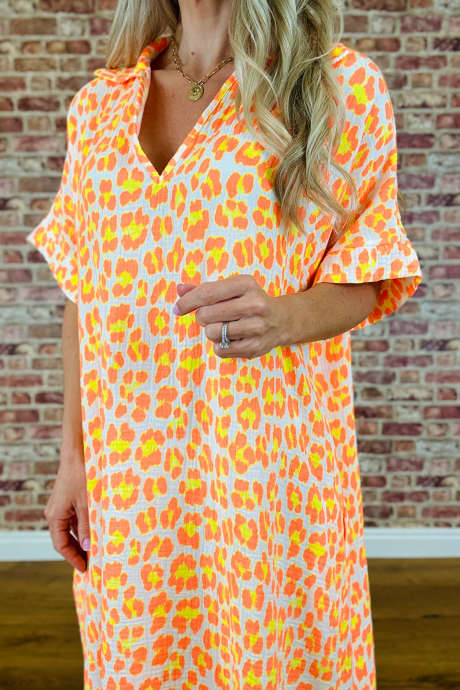 Orange Leopard V Neck Collar Cuffed Short Sleeve Shift Dress