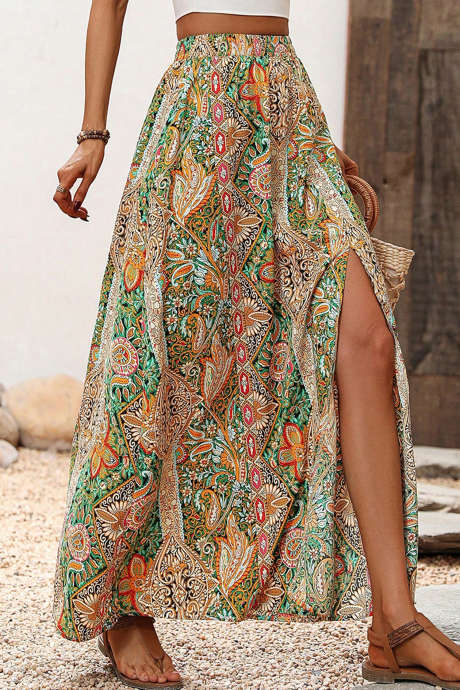 Večbarvno maxi krilo s cvetličnimi stranskimi razcepi v stilu boho paisley