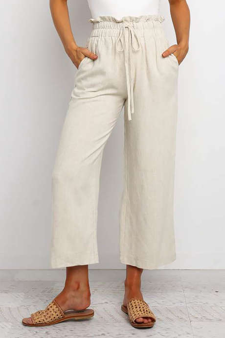 Khaki cropped broek met rechte pijpen en paperbag taille LC771296-16