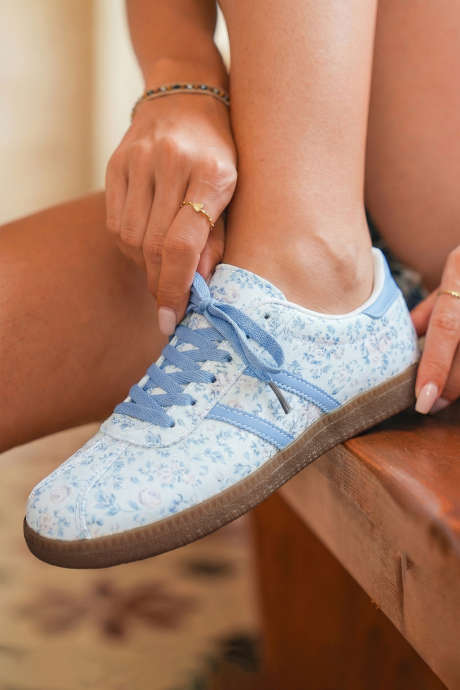 Light Blue Floral Print Lace-up PU Leather Flat Shoes BH024118-P4