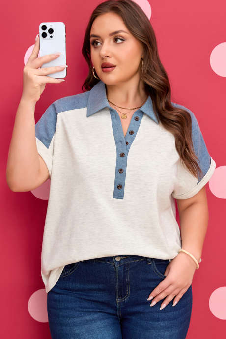 Bež plus size kontrastna jeans polo majica z manšetnimi rokavi