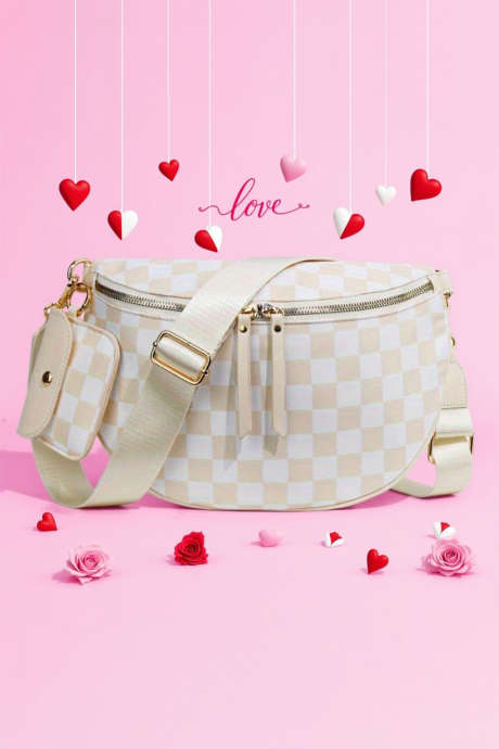 Bela karirasta torba za čez ramo z odstranljivim žepom