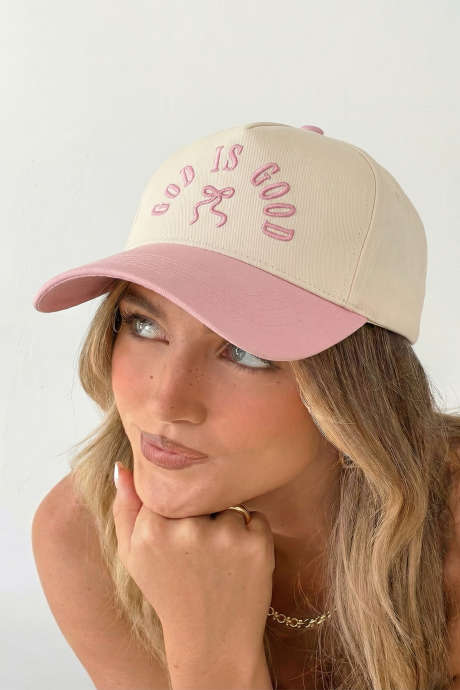 Roze baseballpet met geborduurde GOD IS GOOD-strik en kleurblokken (BH043608-P10)
