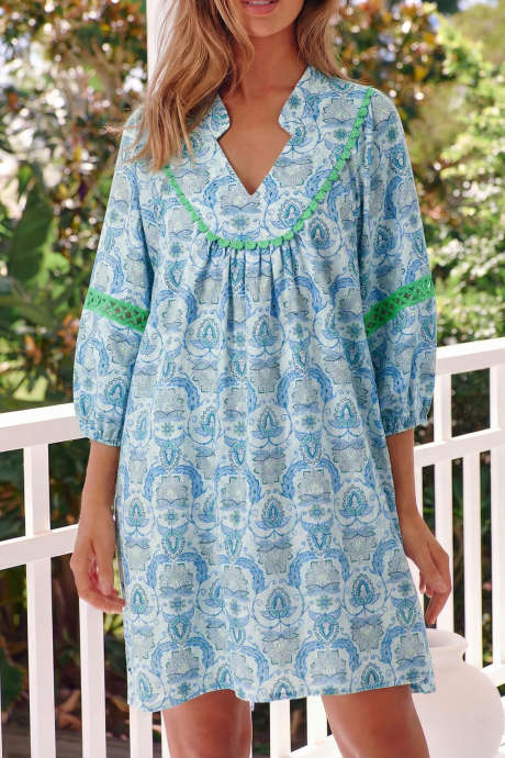 Nebesno modra boho paisley potiskana kontrastna patchwork detajl z zapestnico in ohlapnimi rokavi